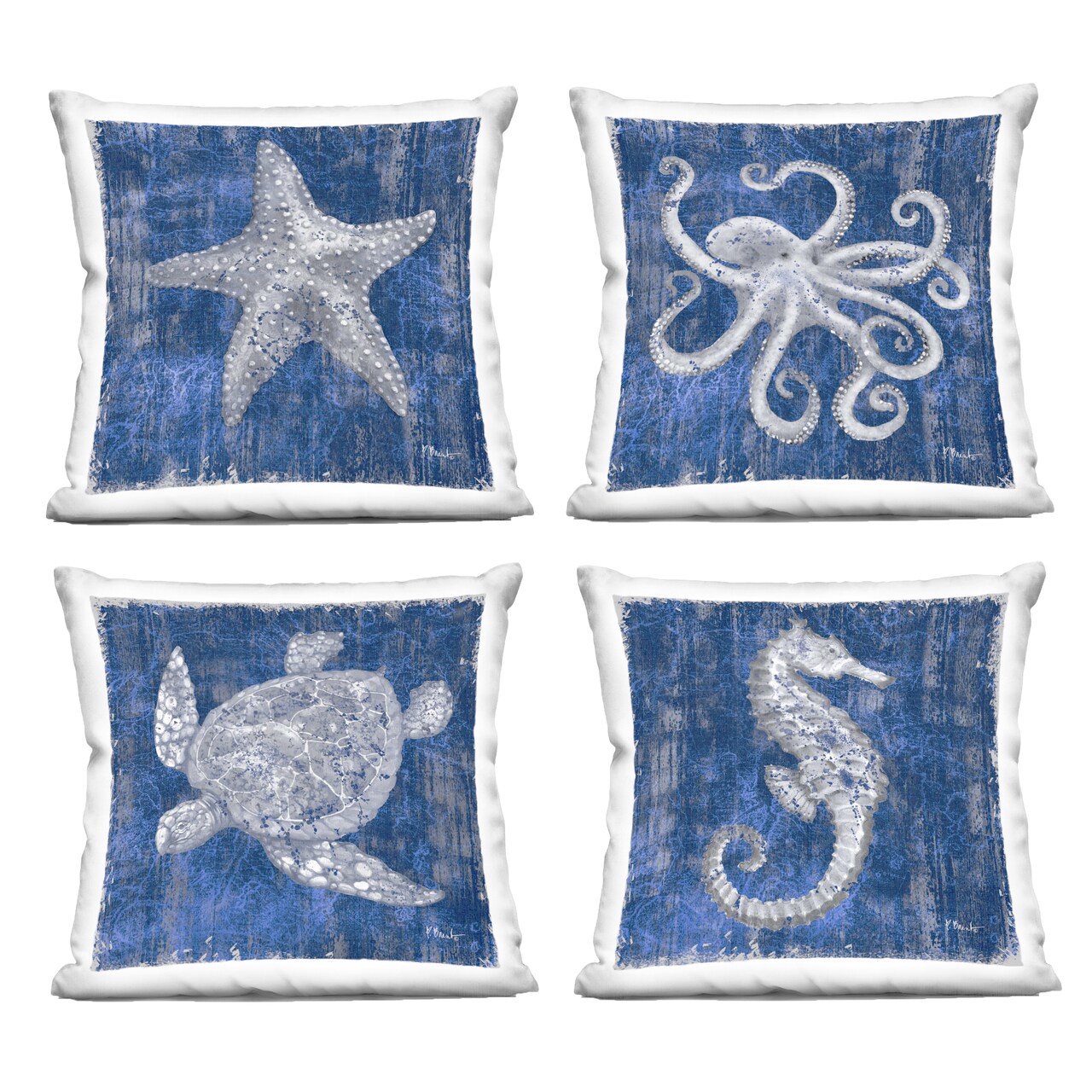 Stupell Industries Sea Life on Abstract Blue 4pc Decorative Printed Throw Pillow Set Design by Paul Brent, 18 x 7 x 18